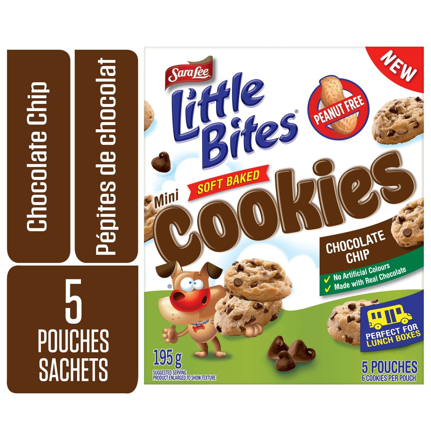 Sara Lee Little Bites Mini Soft Baked Chocolate Chip Cookies, 5 pouches, 195g/6.9 oz., front of box.