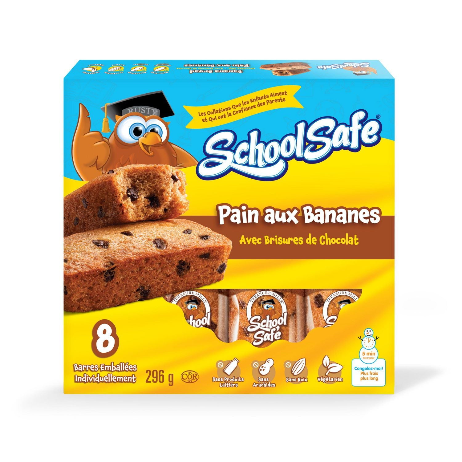School Safe Chocolate Chip Banana Bread Bars, 8ct., 296g/10.4 oz., front of box.