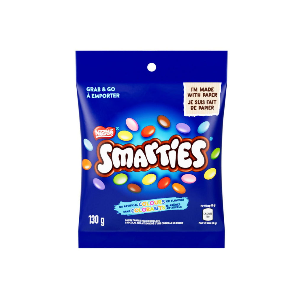 Front of Nestle Smarties Chocolates, Snack Size Packet, 130g/4.6 oz. Bag