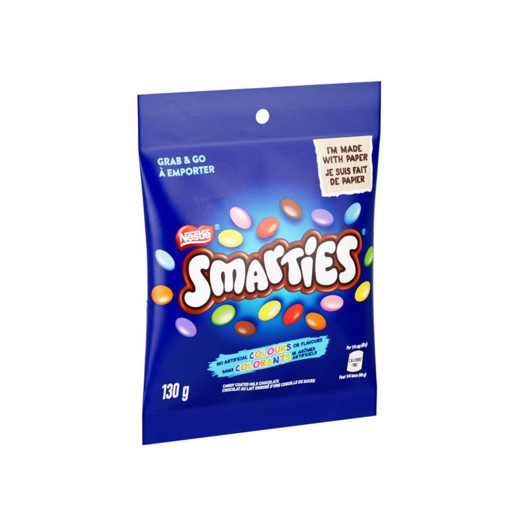 Front of Nestle Smarties Chocolates, Snack Size Packet, 130g/4.6 oz. Bag