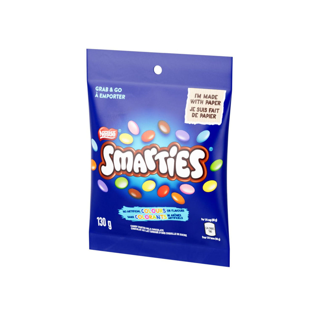 Front of Nestle Smarties Chocolates, Snack Size Packet, 130g/4.6 oz. Bag