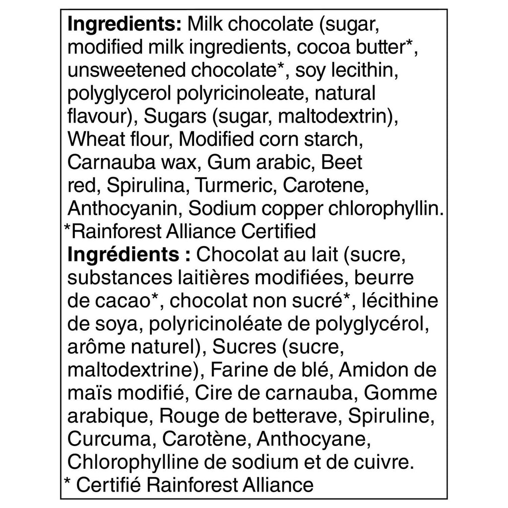 Ingredients label of Nestle Smarties Chocolates, Snack Size Packet, 130g/4.6 oz. Bag