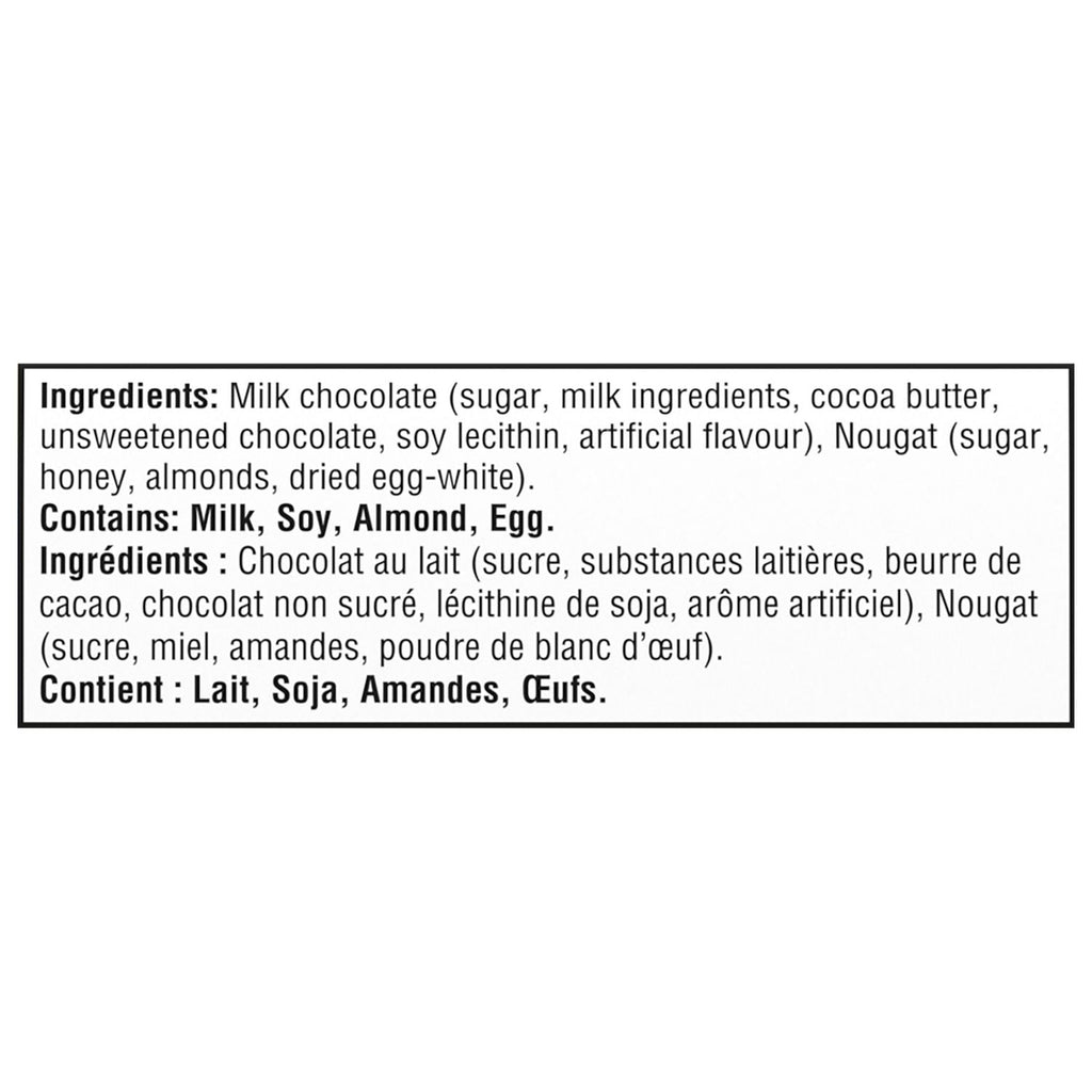 TOBLERONE Swiss Milk Chocolate With HONEY AND ALMOND NOUGAT, 50g/1.76 oz. Bar - Ingredients Label