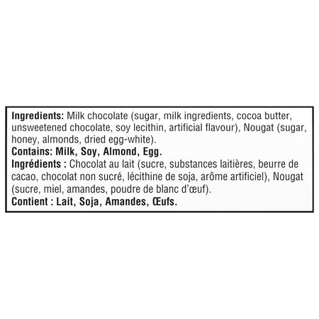 TOBLERONE Swiss Milk Chocolate With HONEY AND ALMOND NOUGAT, 50g/1.76 oz. Bar - Ingredients Label