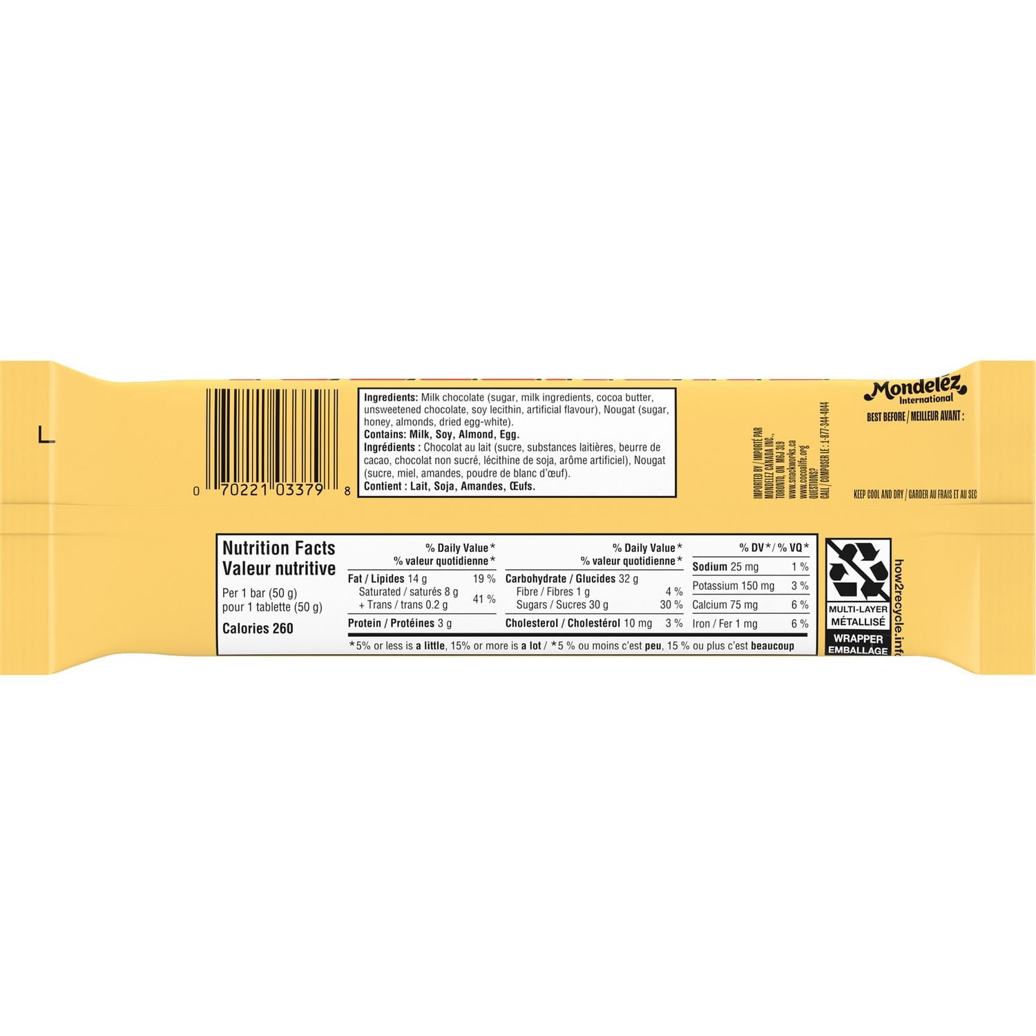 TOBLERONE Swiss Milk Chocolate With HONEY AND ALMOND NOUGAT, 50g/1.76 oz. Bar - Back