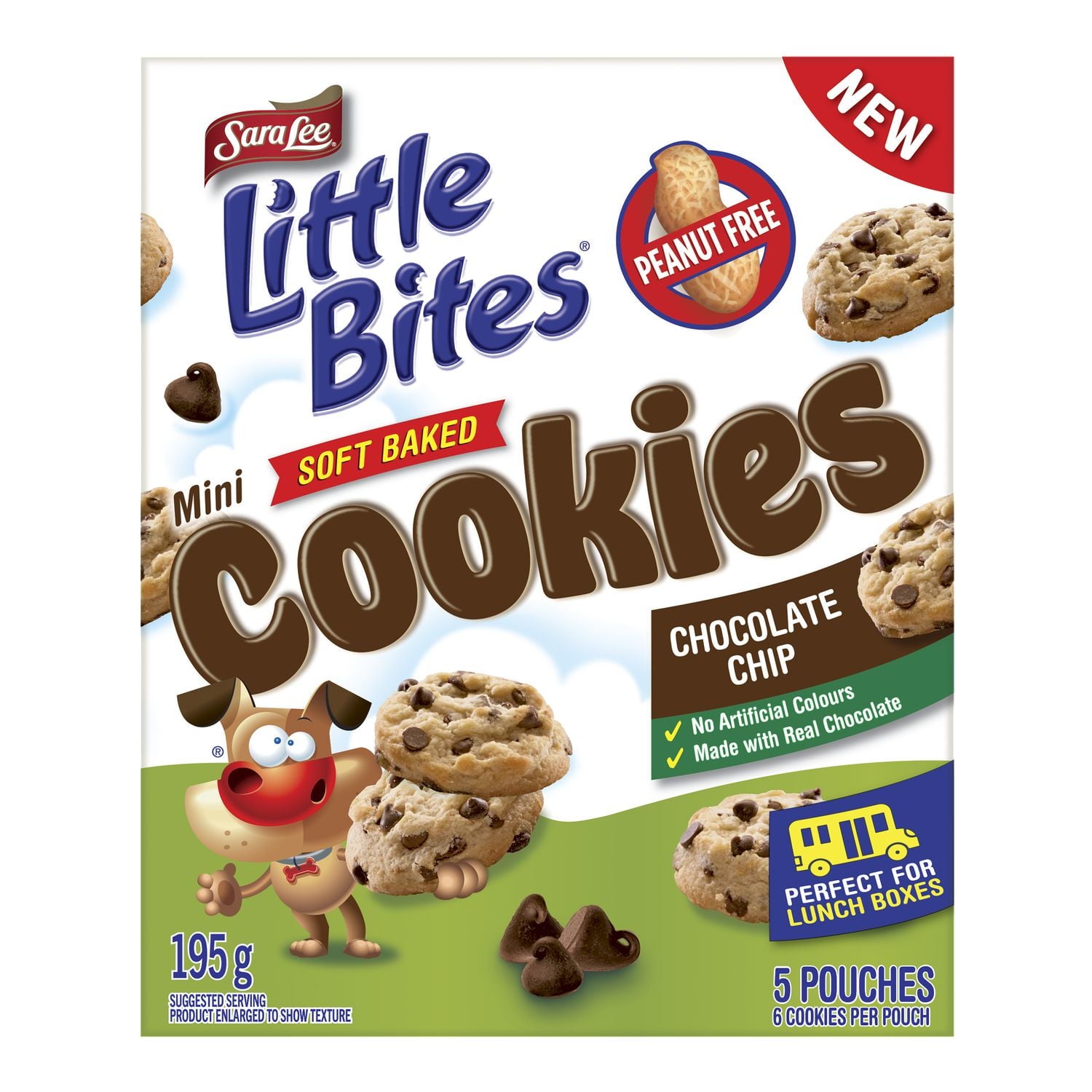 Sara Lee Little Bites Mini Soft Baked Chocolate Chip Cookies, 5 pouches, 195g/6.9 oz., front of box.