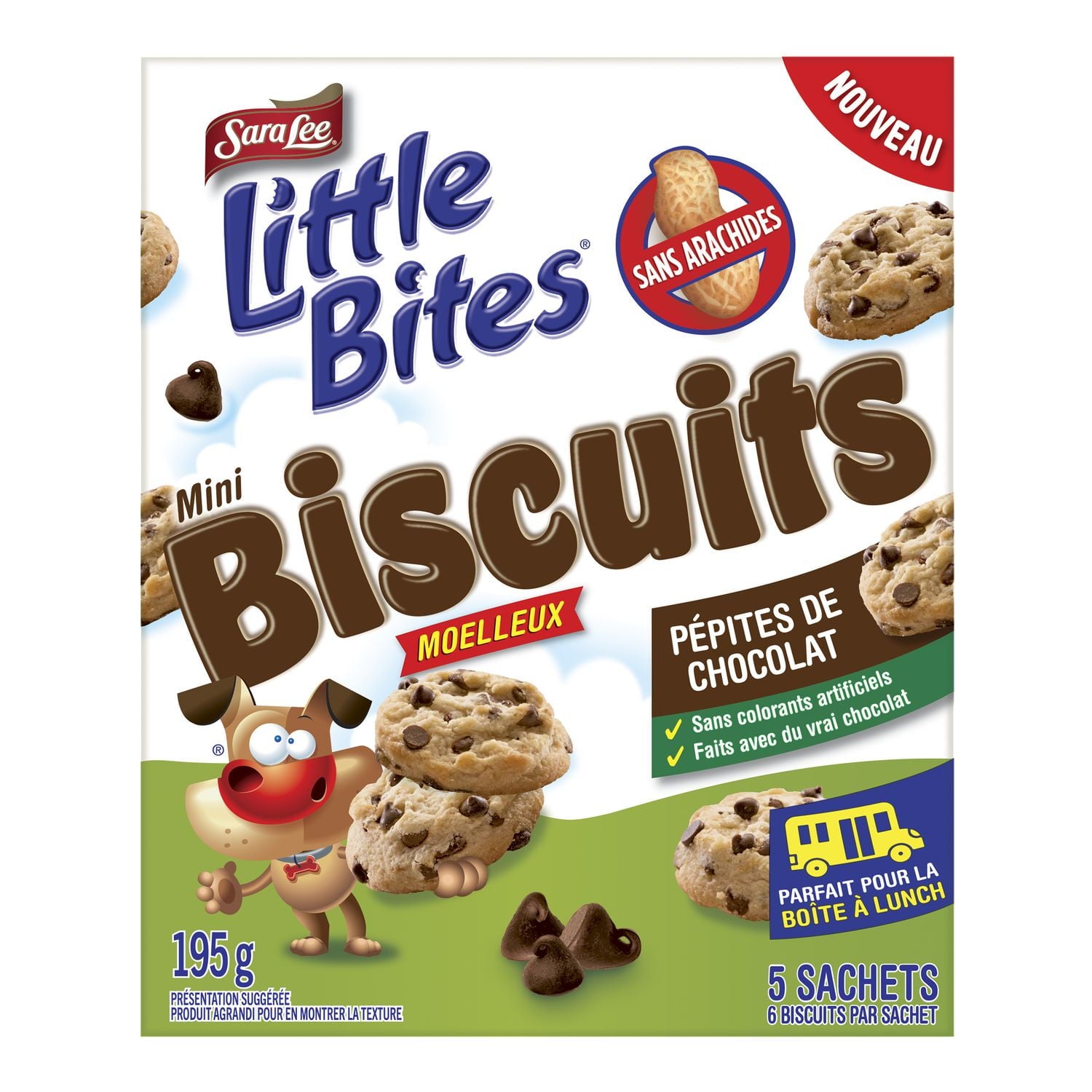 Sara Lee Little Bites Mini Soft Baked Chocolate Chip Cookies, 5 pouches, 195g/6.9 oz., front of box.