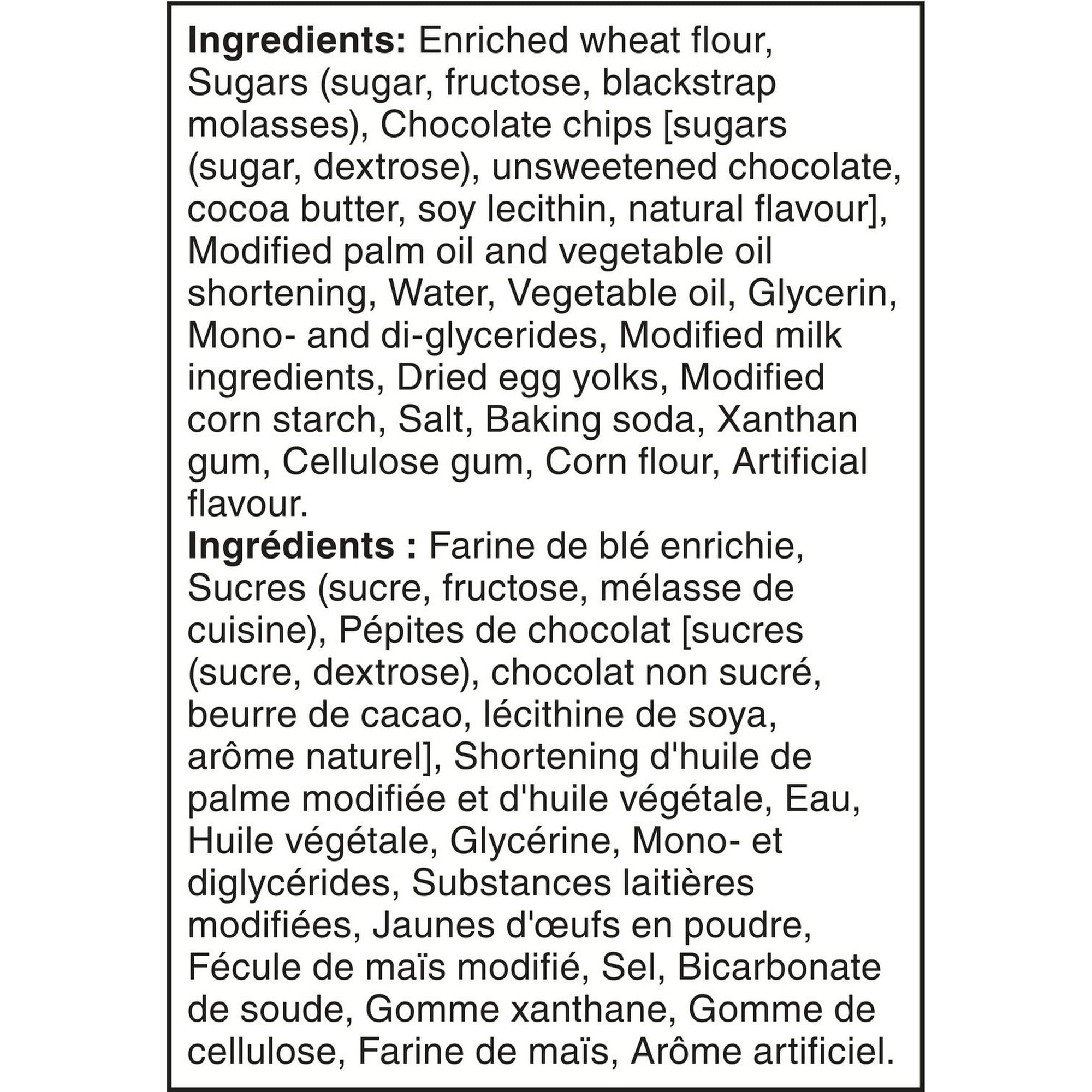 Sara Lee Little Bites Mini Soft Baked Chocolate Chip Cookies, 5 pouches, 195g/6.9 oz., ingredients label.