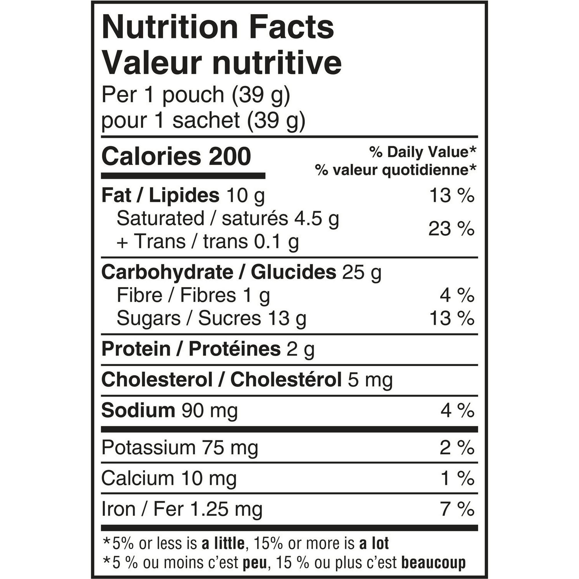Sara Lee Little Bites Mini Soft Baked Chocolate Chip Cookies, 5 pouches, 195g/6.9 oz., nutrition facts label.