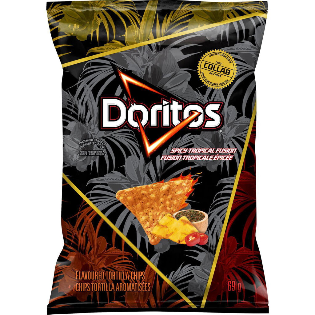 Front of Doritos Spicy Tropical Fusion Tortilla Chips, Snack-Size, 69g/2.4 oz., Bag