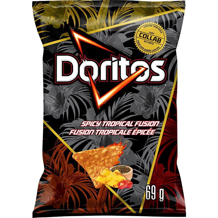 Front of Doritos Spicy Tropical Fusion Tortilla Chips, Snack-Size, 69g/2.4 oz., Bag