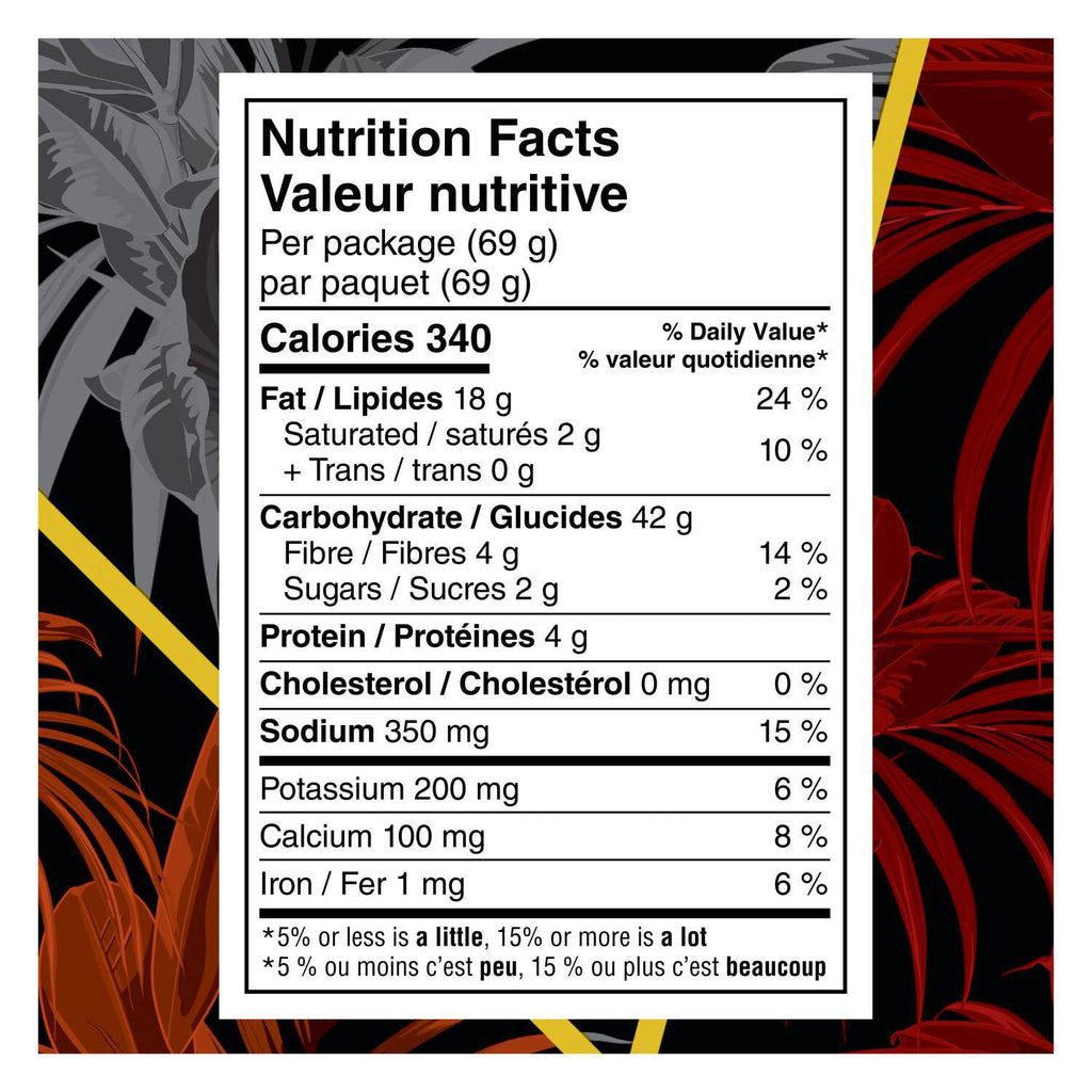 Nutrition label of Doritos Spicy Tropical Fusion Tortilla Chips, Snack-Size, 69g/2.4 oz., Bag