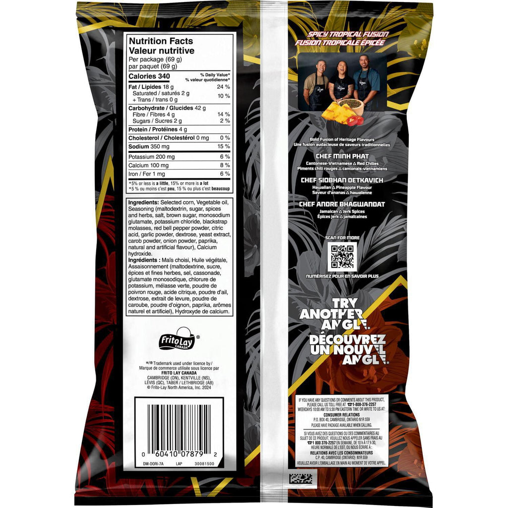 Back of Doritos Spicy Tropical Fusion Tortilla Chips, Snack-Size, 69g/2.4 oz., Bag