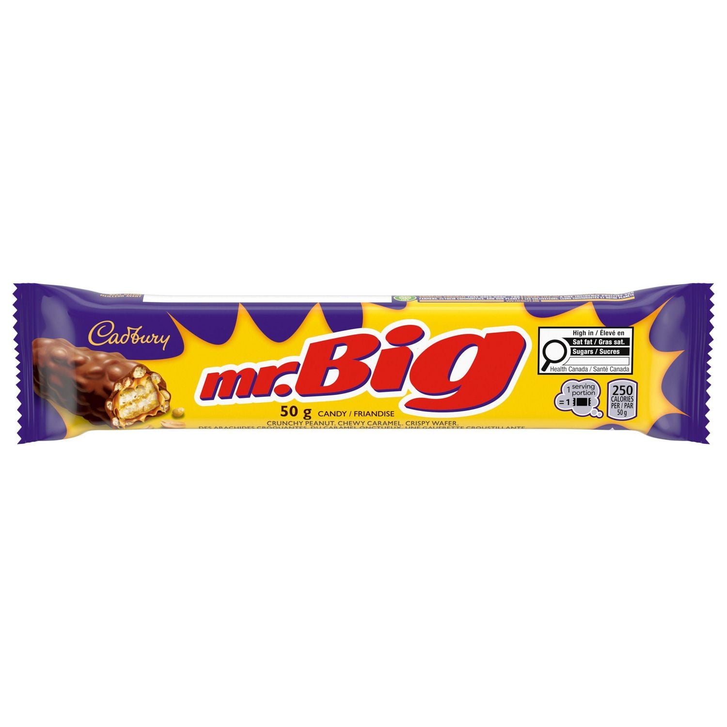 One full size Cadbury mr.Big candy bar on white background