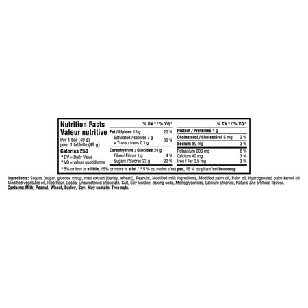 Nutrition facts label for Cadbury Wunderbar Chocolate Bar, Single Full Size Chocolate Bar - 49g on a white background