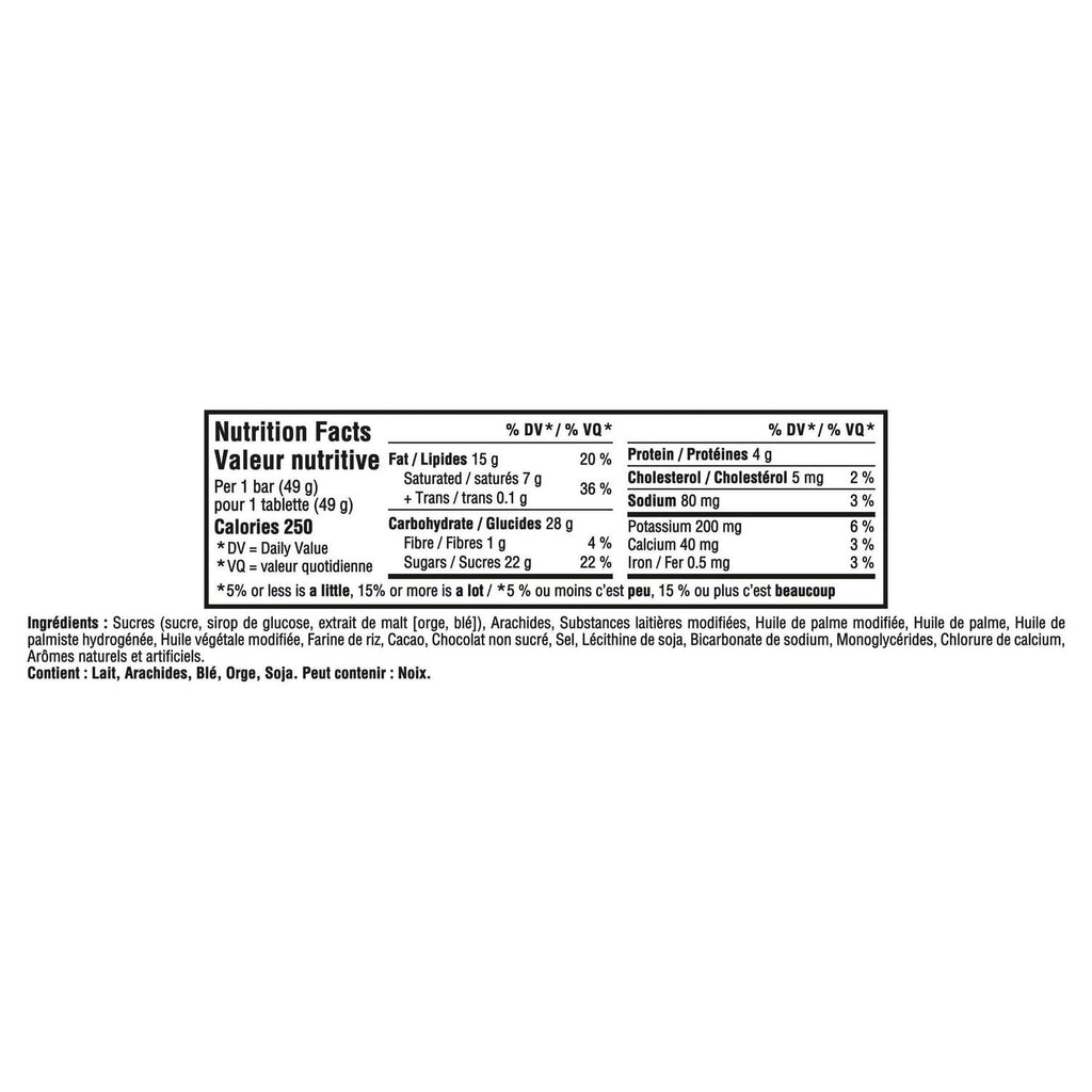 Nutrition facts label for Cadbury Wunderbar Chocolate Bar, Single Full Size Chocolate Bar - 49g on a white background