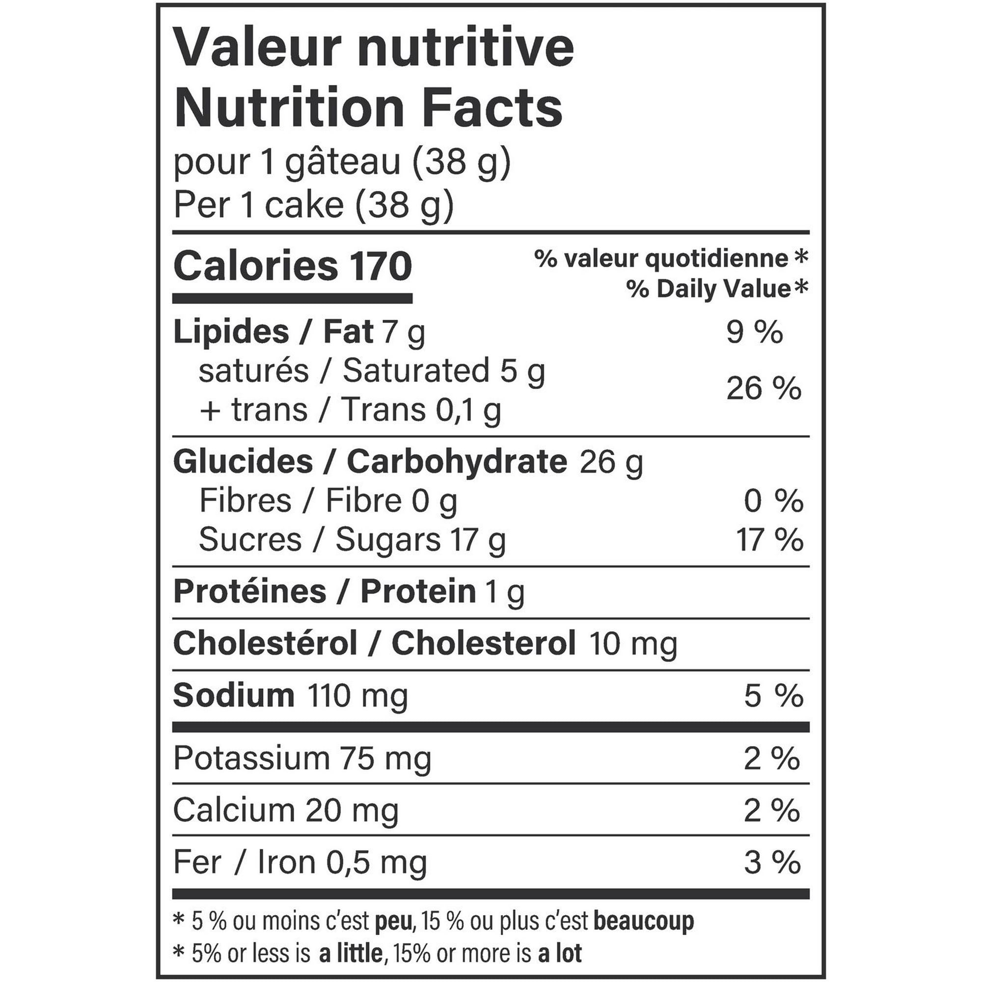 Nutrition facts label for Vachon Fruity Lady Fingers Cakes, Individually Wrapped Cakes - 300g/10.5 oz on a white background