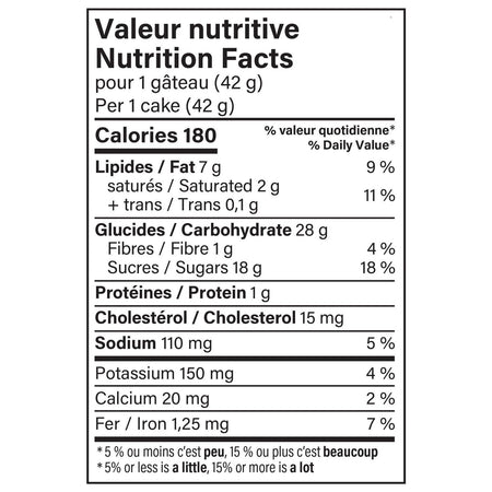 Nutrition facts label for Vachon Chocolate Mini Festive Logs, Sponge Snack Cakes - 250g on a white background