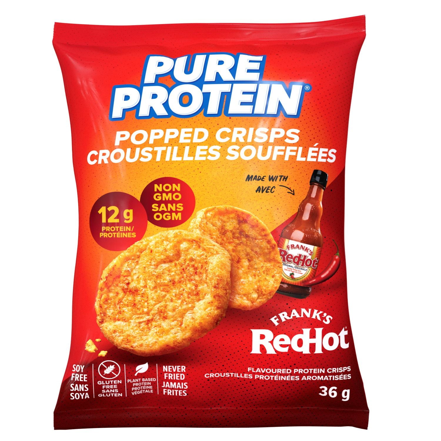 Pure Protein Popped Crisps packaging with Frank's RedHot branding on a white background