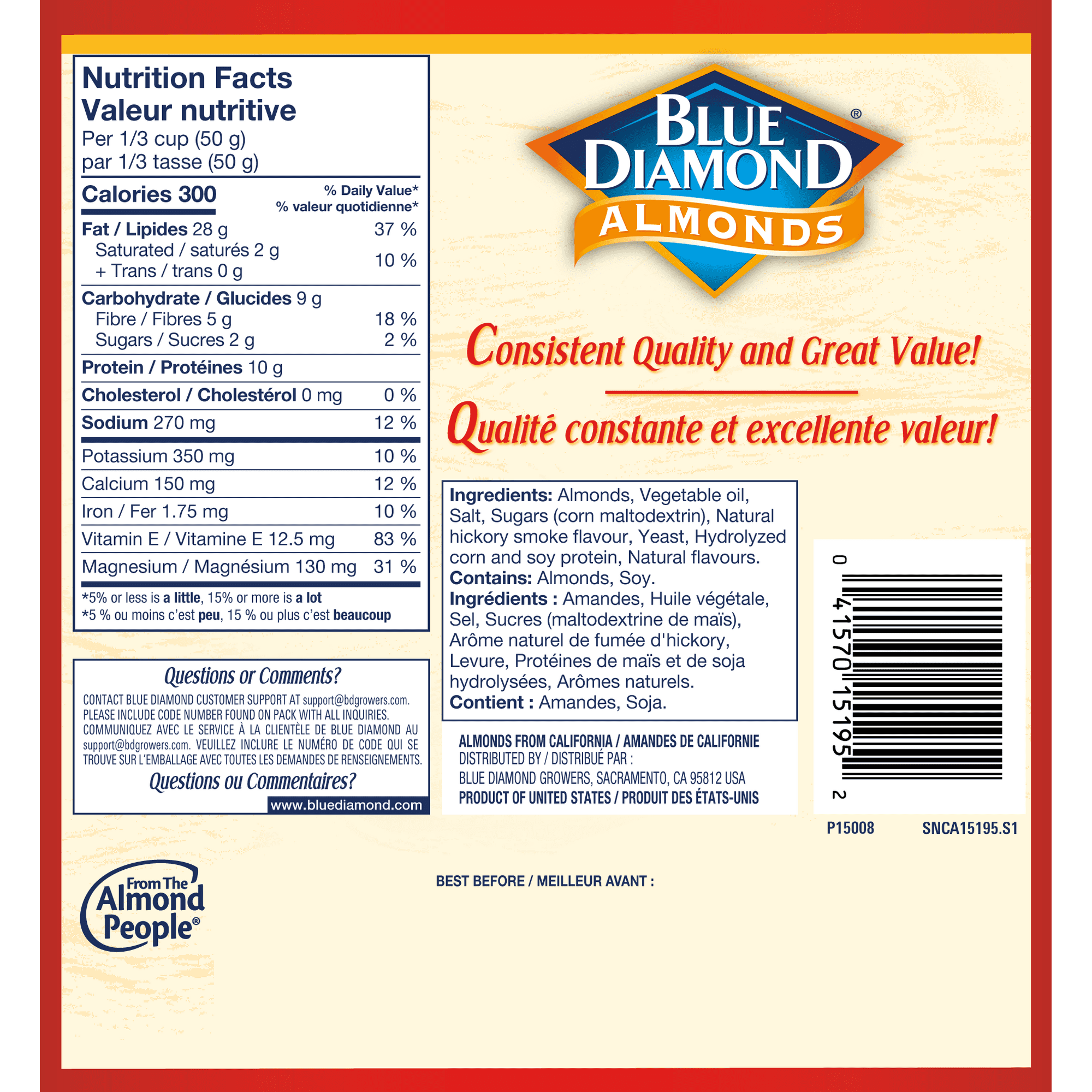 Blue Diamond Almonds packaging with nutrition facts and branding details.