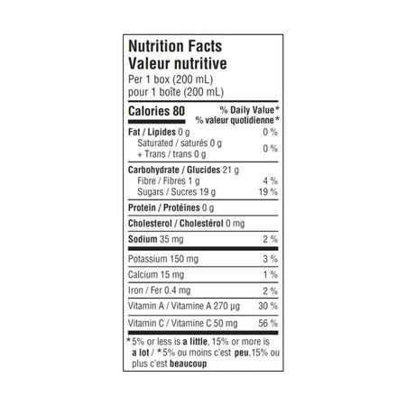 SunRype Fruit & Veggies Orange Mango Juice Boxes, Perfect For On-The-Go, 5x200ml, 1L/33.8 fl. oz. - Nutrition Facts Label