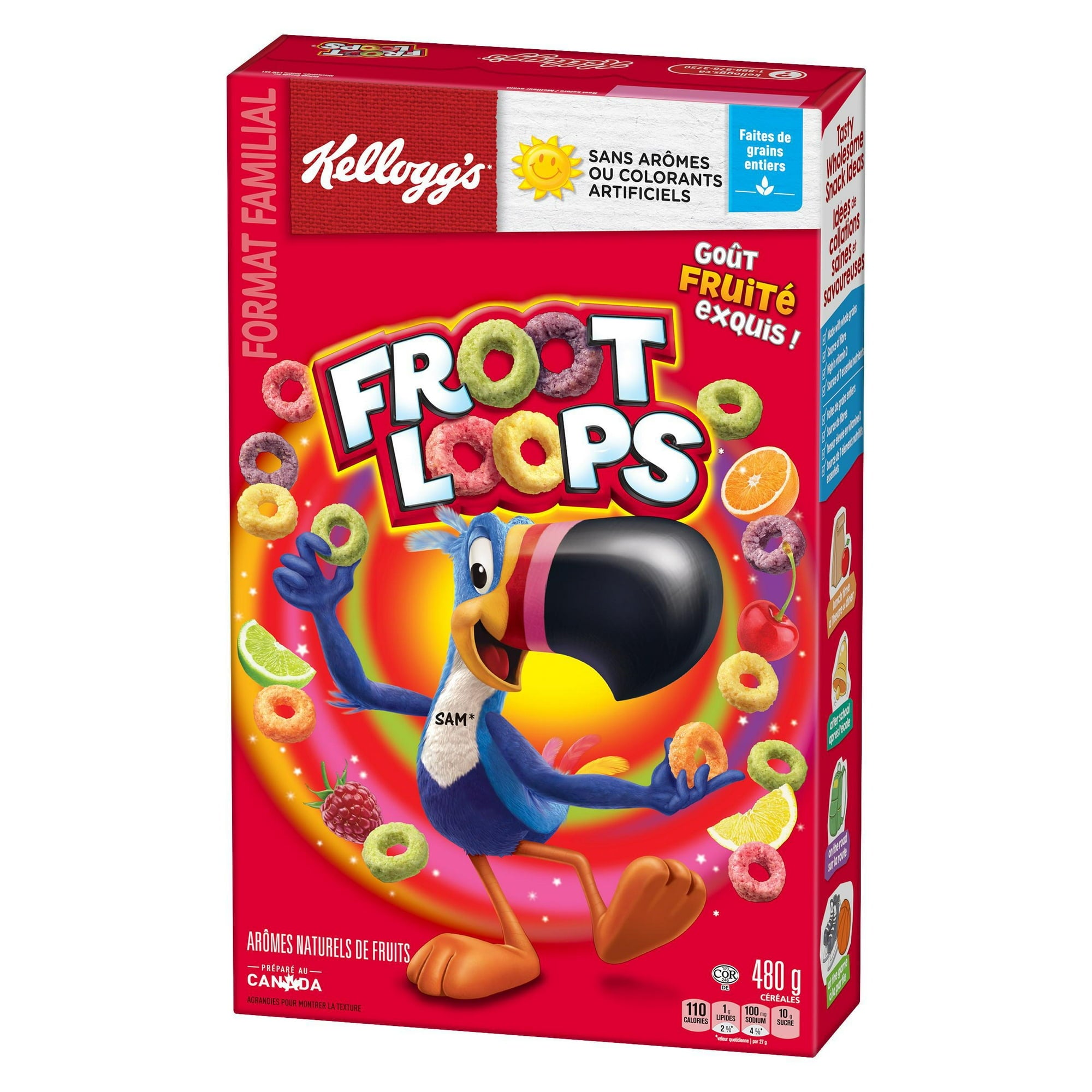 Front of Kellogg's Froot Loops Cereal, Family Size, 480g/1.06 lb., Box