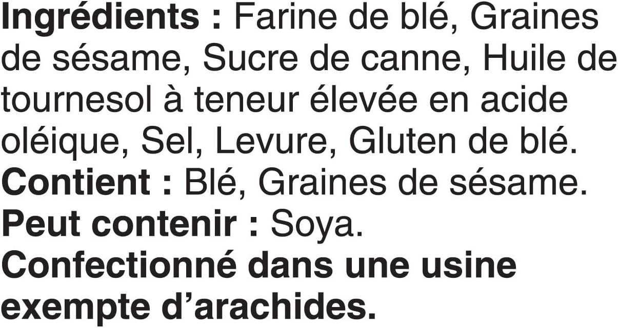 Boulangerie Grissol Melba Toast, Sesame, 200g, ingredients label in French.