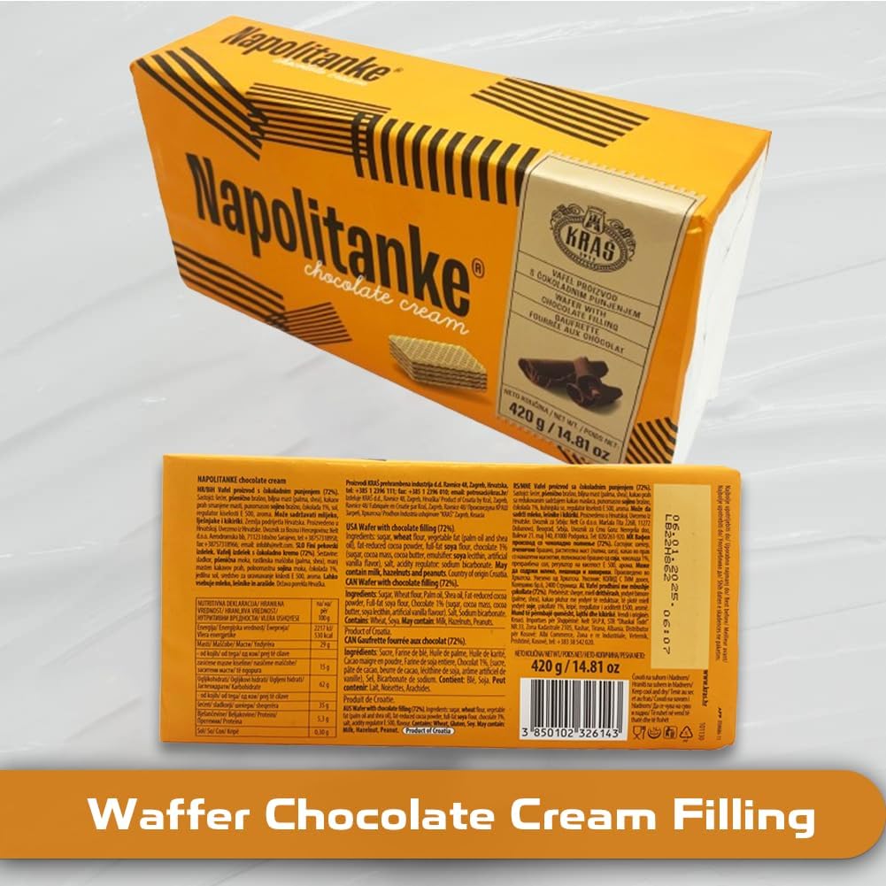 Napolitanke Chocolate Cream Wafers, 420g, back of package.