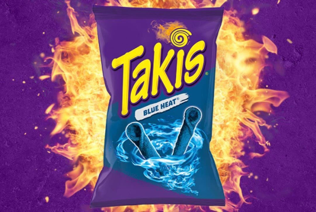 Takis Blue Heat Rolled Tortilla Chips, 80g, front of bag.