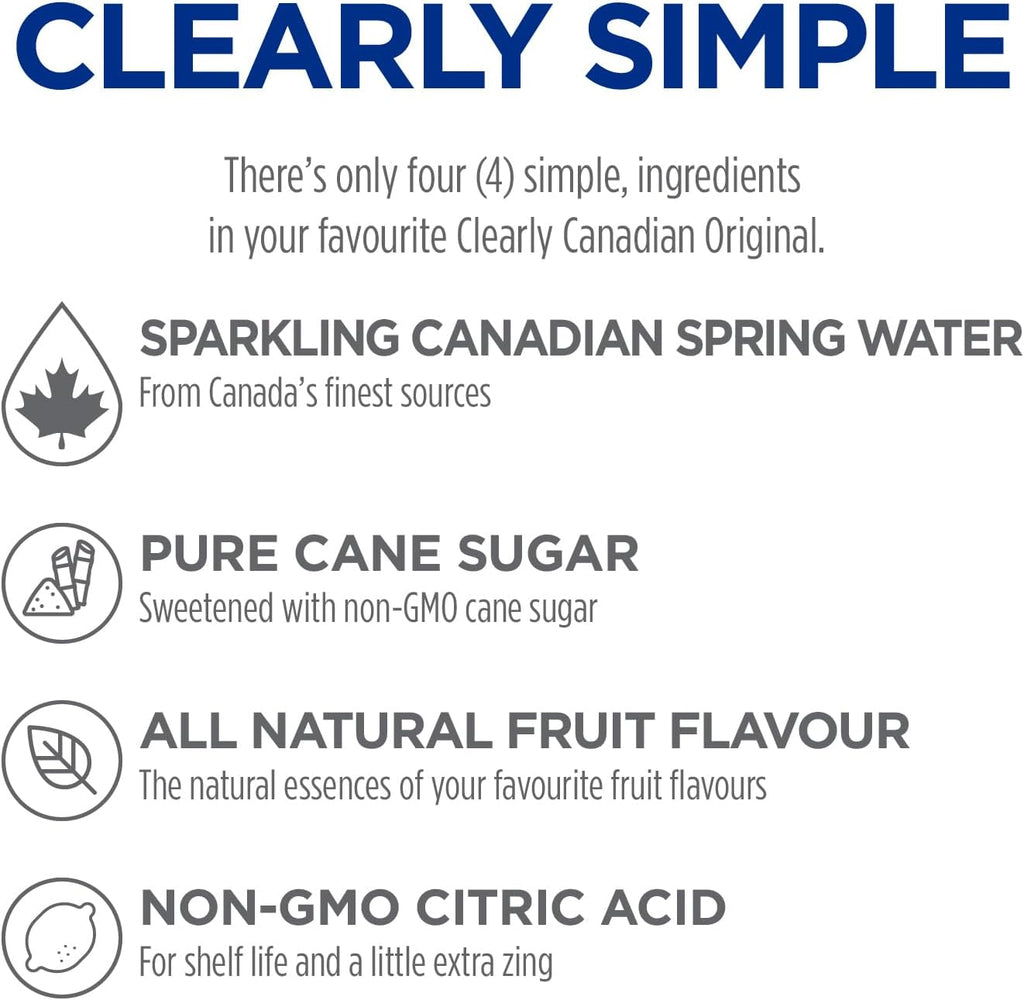 Clearly Canadian Sparkling Water Beverage, Wild Cherry, 325ml/11 Fl oz., Bottle, ingredients label.