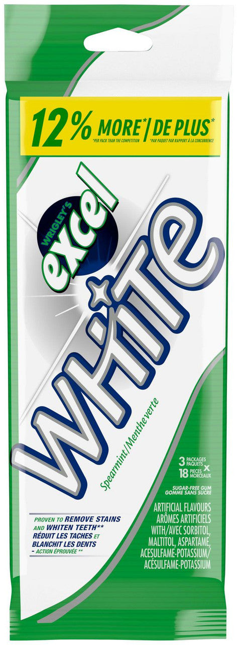 Excel White Sugar-Free Gum, Spearmint, 3-Pack x 18 pieces, 54 pieces total {Imported from Canada}