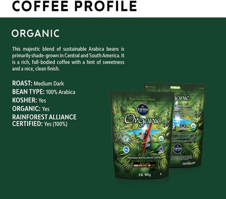 Zavida Organica Premium Whole Bean Coffee, Medium Dark Roast, 907g/2 lbs. Bag {Imported from Canada}