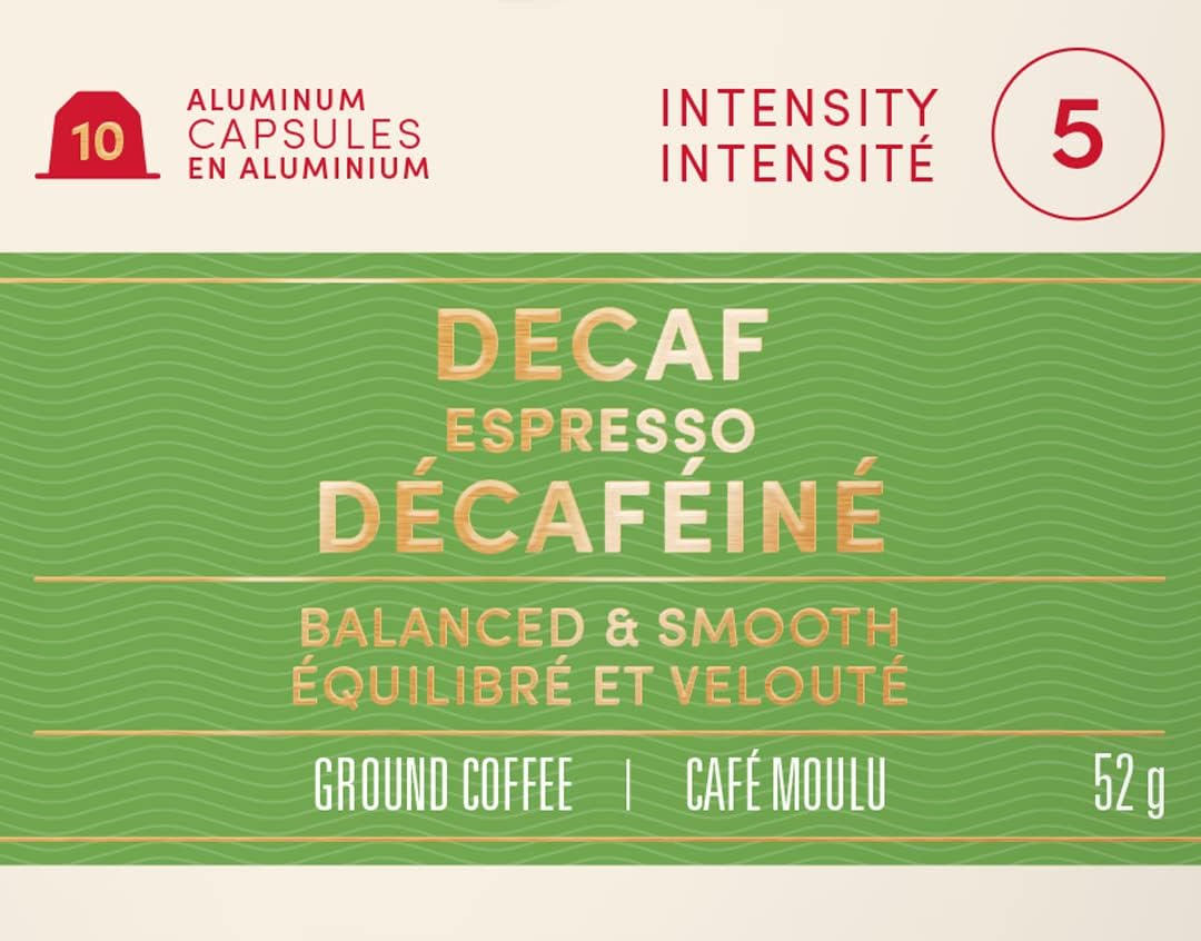 Tim Hortons Decaf Espresso, Rich & Refined Coffee, Nespresso Aluminum Capsules, 10 Capsules, 52g/1.8 oz Box {Imported from Canada}