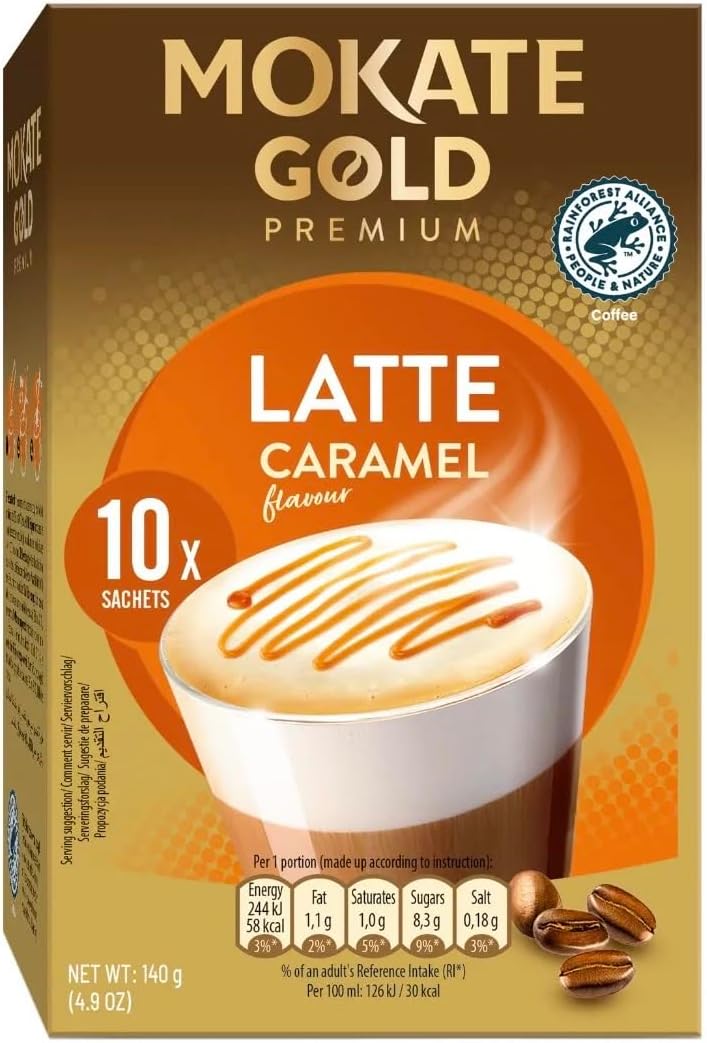Mokate Gold Premium Latte, Caramel Flavor, 10 x 14g Single Serve Sachets, 140g/4.9 oz., front of box.