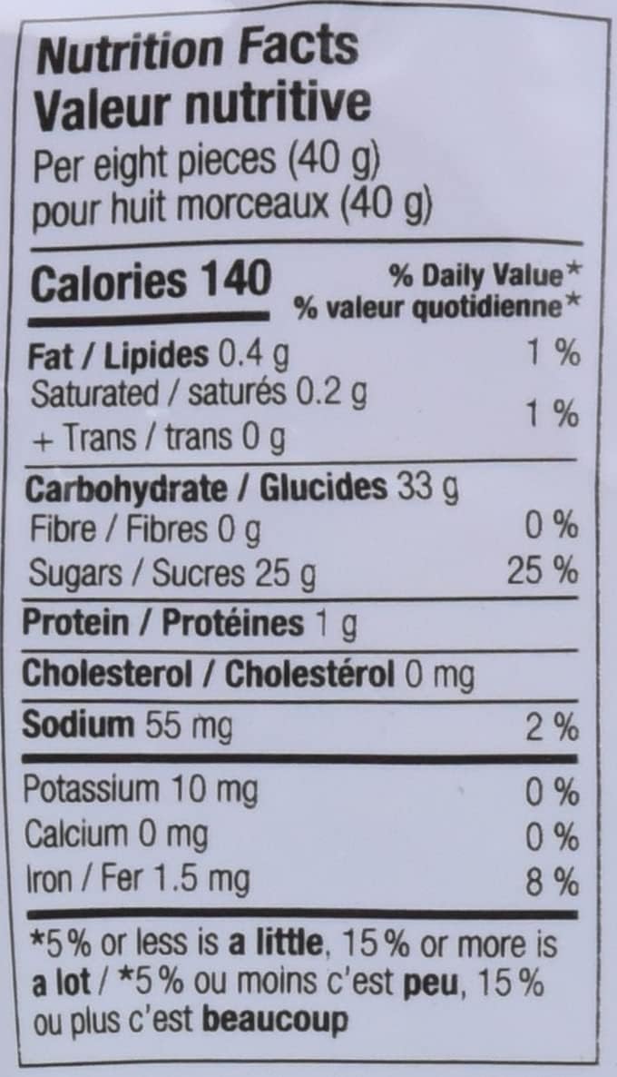 Mondoux Sweet Sixteen, Assorted Licorice Gummy Candy, 400g, nutrition label.
