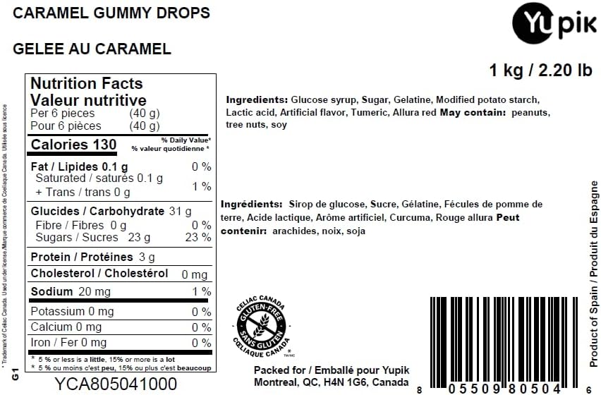 Yupik Caramel Drops Gummies 1kg, nutrition, ingredients label with upc.