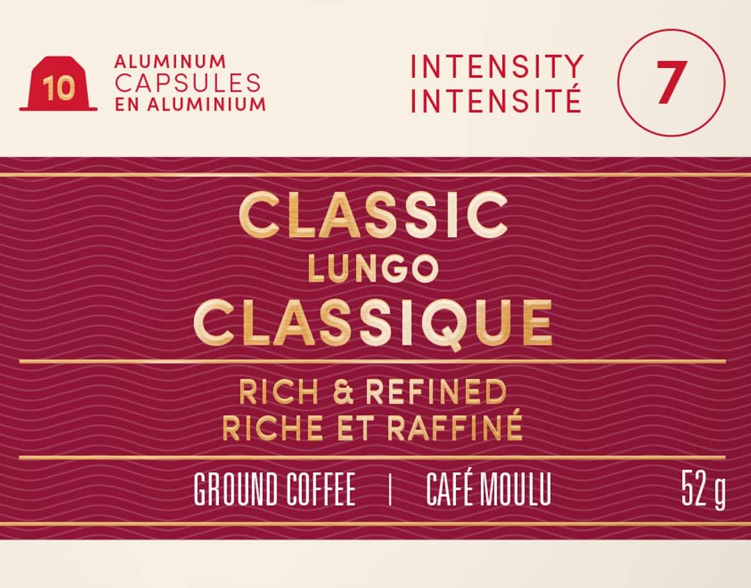 Tim Hortons Classic Lungo, Rich & Refined Coffee, Nespresso Aluminum Capsules, 10 Capsules, 52g/1.8 oz