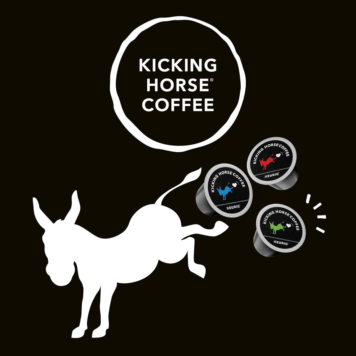 Kicking Horse Coffee packaging with a donkey illustration on a black background