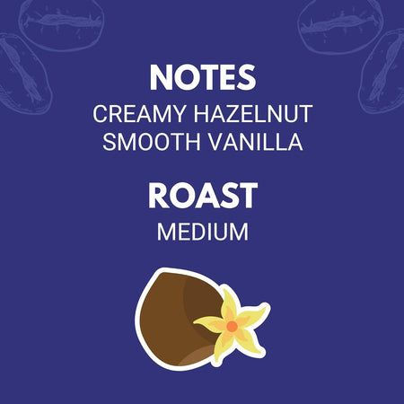 Coffee label with notes, roast description, and a coconut illustration on a blue background.