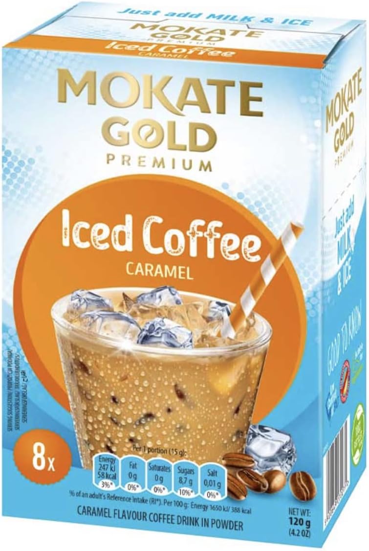 Mokate Gold Premium Iced Coffee, Caramel, 8 x 15g Single Serve Sachets, 120g/4.2 oz. Box