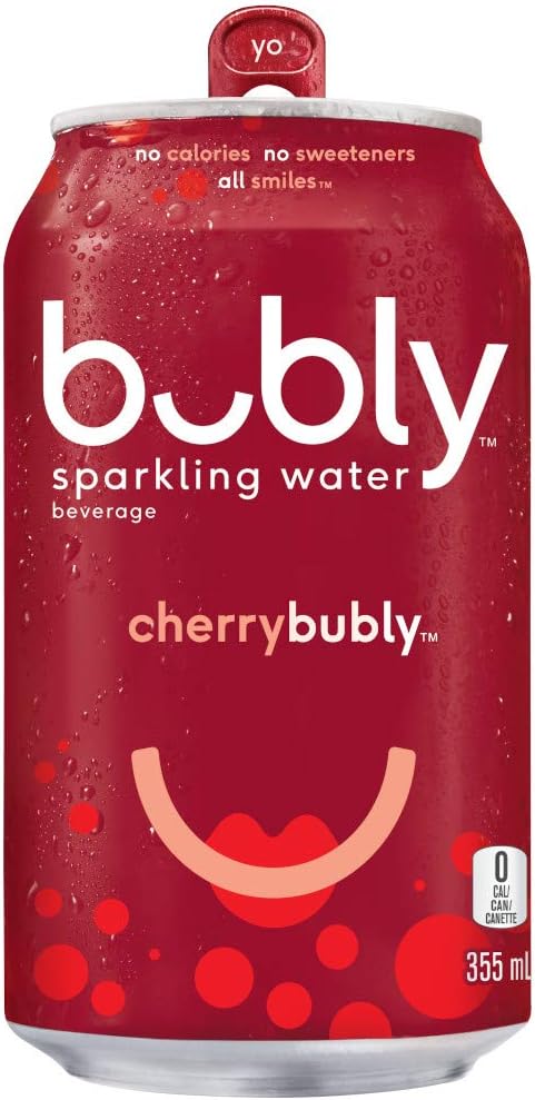 Red can of cherry bubly sparkling water with a smiley face design.