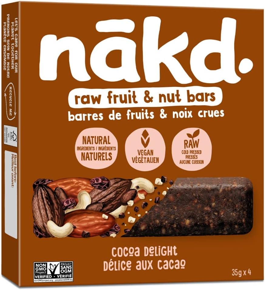 Nakd. Cocoa Delight Raw Fruit & Nut Bars, 4 x 35g, 140g/5 oz. Box