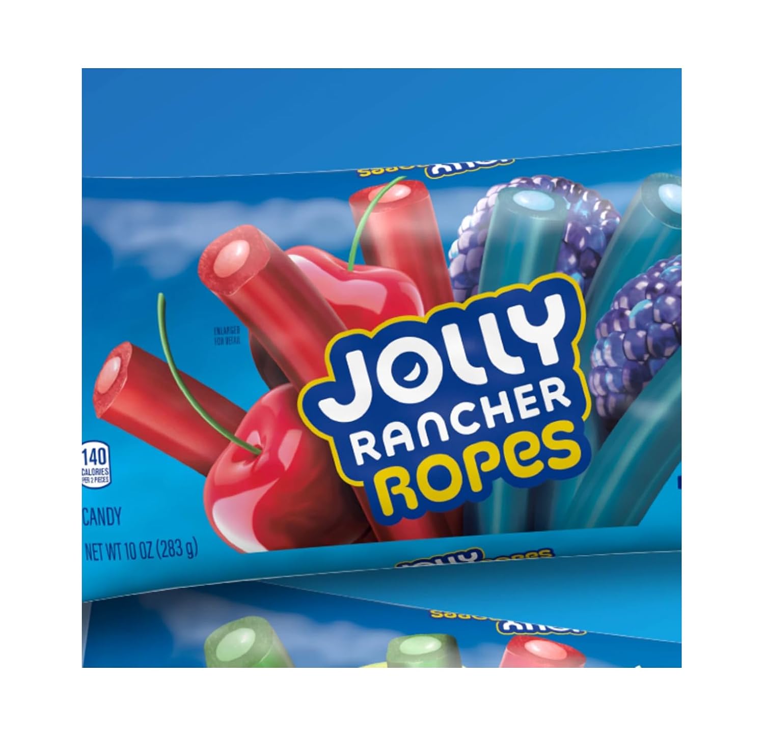 Jolly Rancher Ropes candy package with colorful ropes on a blue background