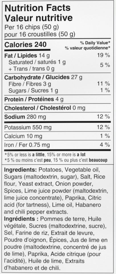 Kettle Brand Krinkle Cut Habanero Lime Flavored Potato Chips 198g/7 oz., Bag, nutrition facts and ingredients label.
