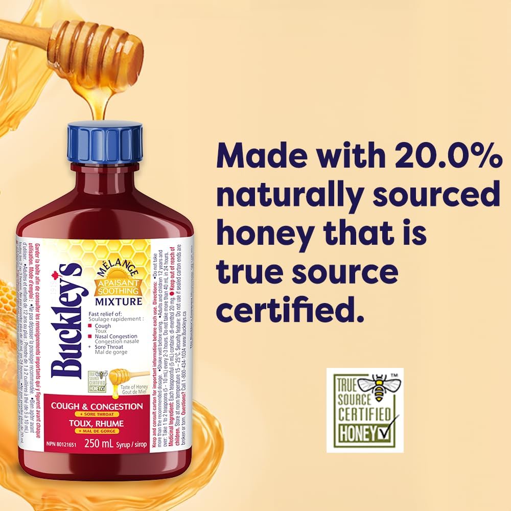 Bottle of Buckley's cough and congestion mixture with honey being drizzled on top, on a beige background.