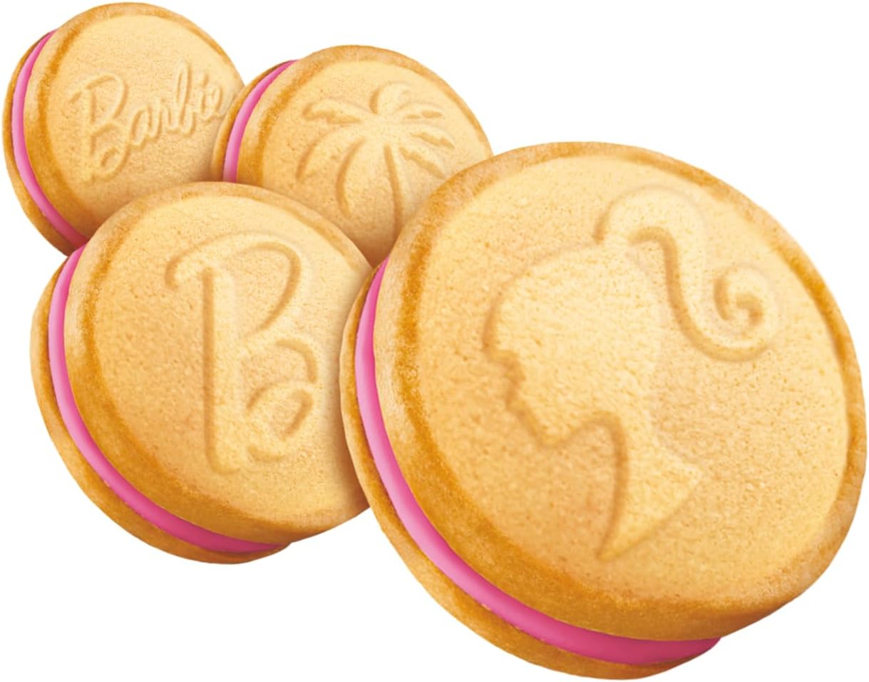 Barbie-themed cookies with pink filling on a white background