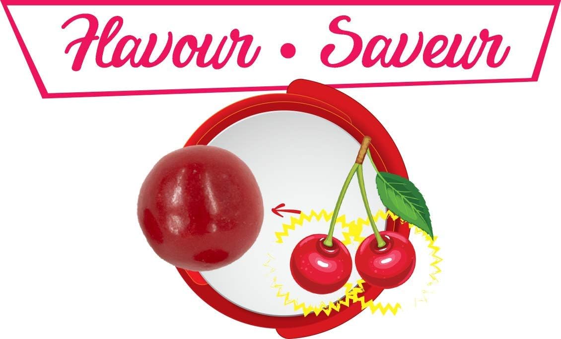 McCormicks Sour Cherry Balls, Bulk Candy, 1kg, picture of sour cherry balls compared to real cherry size.