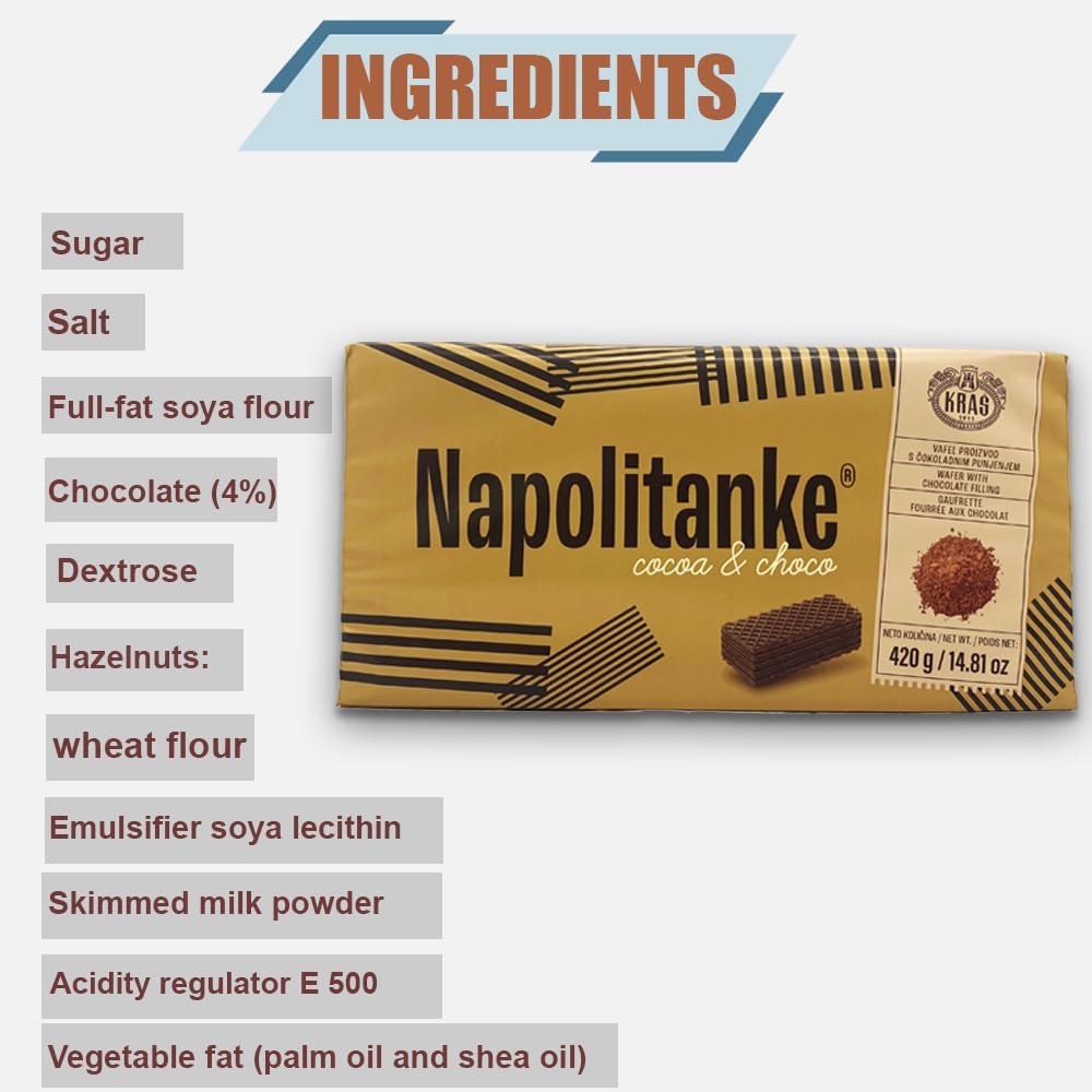 Napolitanke Cocoa & Choco Wafers, 420g, ingredients listed.