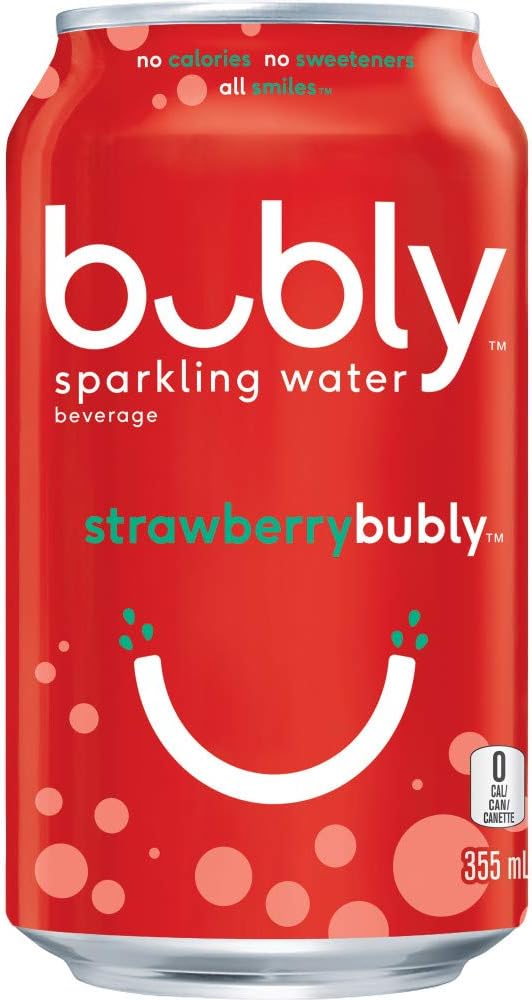 Red can of strawberry bubbly sparkling water with 'bubly' branding.