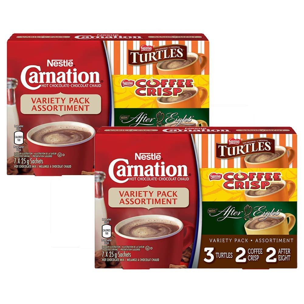 Nestle Carnation Variety Assorted Pack - 6 Turtles Sachets, 4 Coffee Crisp Sachets, 4 After Eight Hot Chocolate Sachets - Total 14 Hot Chocolate Sachets